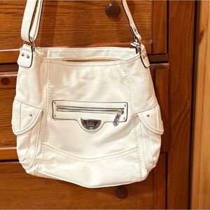 B.O.C white faux leather W/matching stitching, black trim, and silver hardware